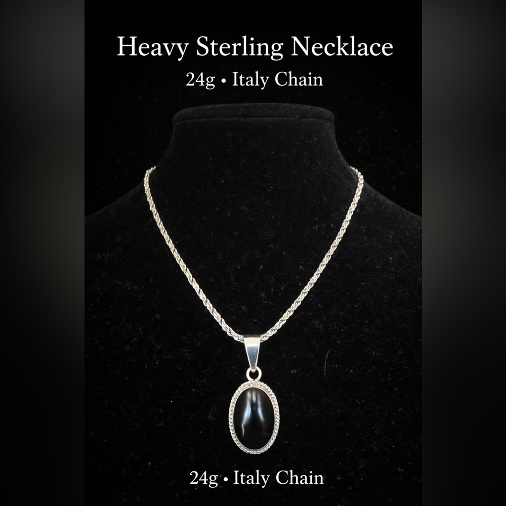 Heavy 24g Solid 925 Sterling Silver Italy Chain Black Onyx Pendant Necklace